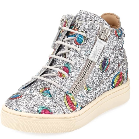 Giuseppe Zanotti Glittered Balloon Leather High-Top Sneakers in Silver, Size 24 - Picture 1 of 8
